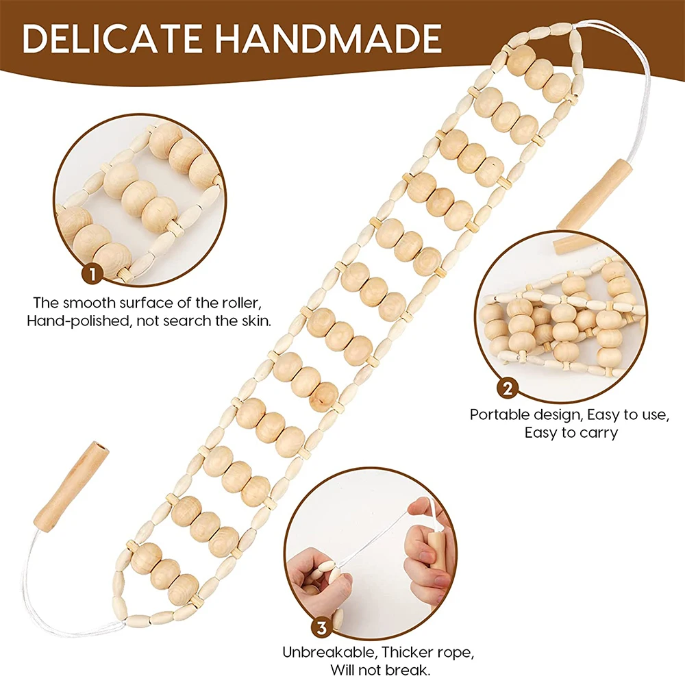 2 PCS Wood Therapy Massage Tools, Portable Manual Wooden Massage Wood Back Massage Roller Rope, Wood Massager Handheld Roller