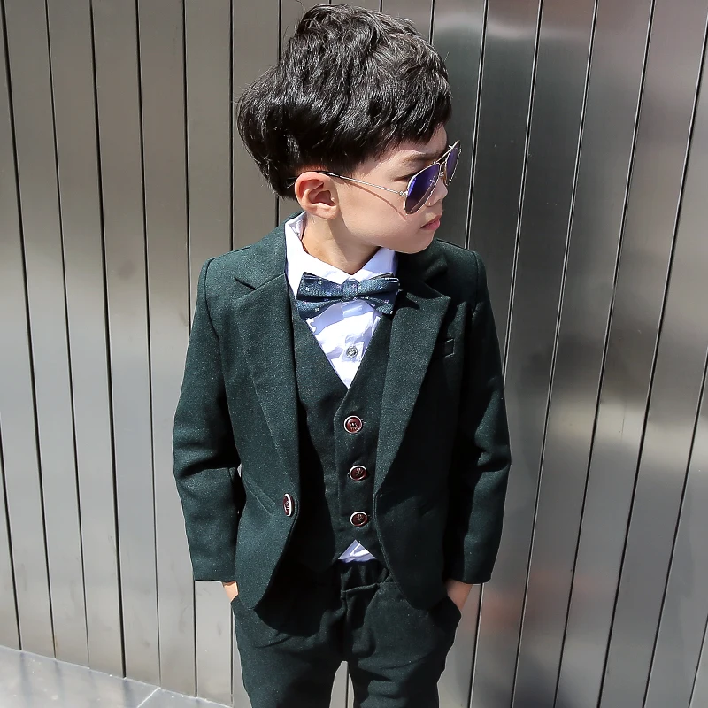 Boys Dark Green Formal Wedding Party Suit Children Blazer Vest Pants Tie 4 PCS Tuxedo Kids Performance Photography Dress Costume