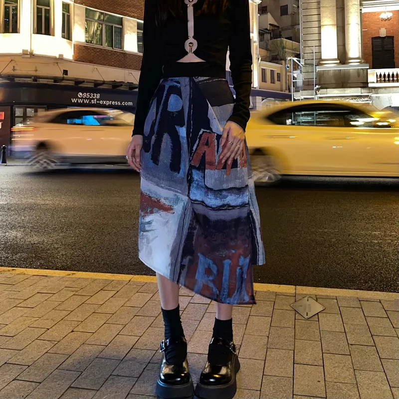 MEXZT Punk Midi Skirt Women Streetwear Graffiti Print Irregular Skirts Harajuku Gothic Korean Fashion High Waist A Line Skirt