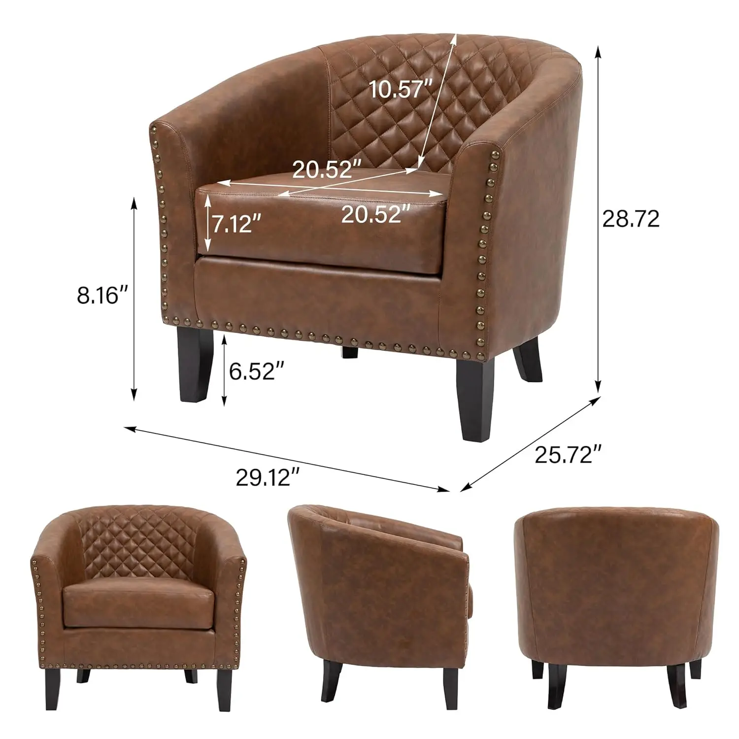 Faux Leather Barrel Accent Chair Nailhead Trim, Low-Back Club Armchair, Solid Wood Frame & Legs, Living Room Bedroom Office, Set