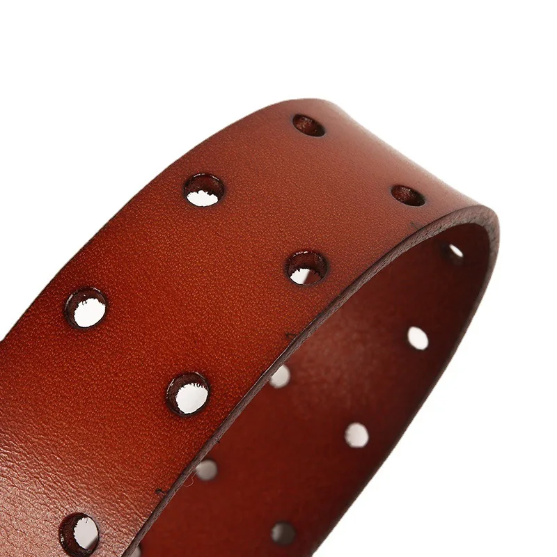 Genuine Leather Belts Double Row Hollowed-out Holes Retro Style Pin Buckle Top Layer Cowhide Leather Belts