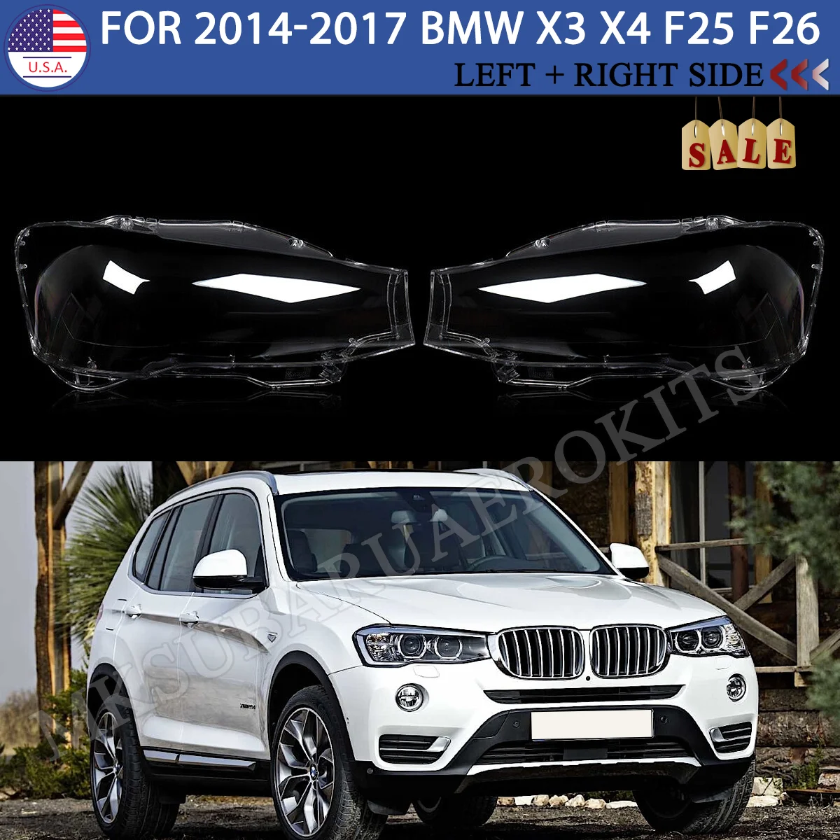 PAIR FOR BMW X3 X4 F25 F26 2014-2017 HEADLIGHT LENS COVER REPLACEMENT LEFT RIGHT
