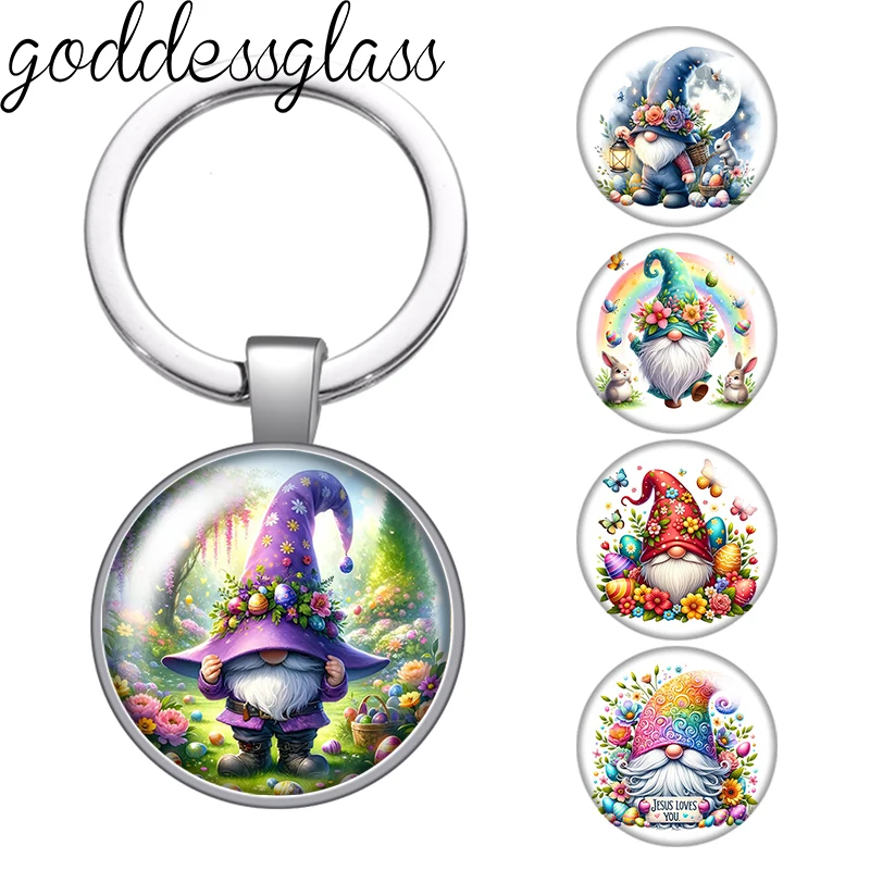 Happy Easter Day eggs rabbit Gnome cartoon photo glass cabochon keychain Bag Car key chain Ring Holder Charms keychains