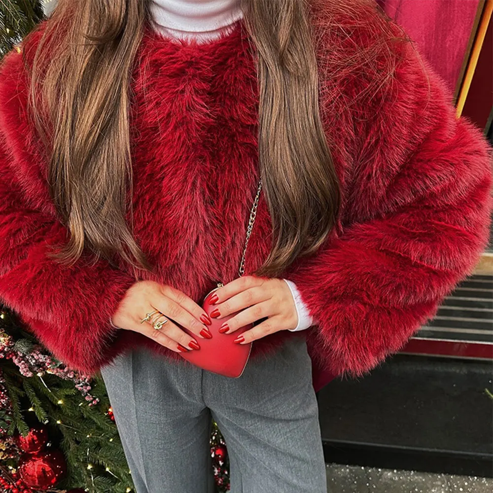 2025 겨울 여성 레드 인조 모피 재킷 시크한 소녀 패션 스트리트웨어 두꺼운 따뜻한 라운드 넥 폭스 퍼 코트 아우터웨어