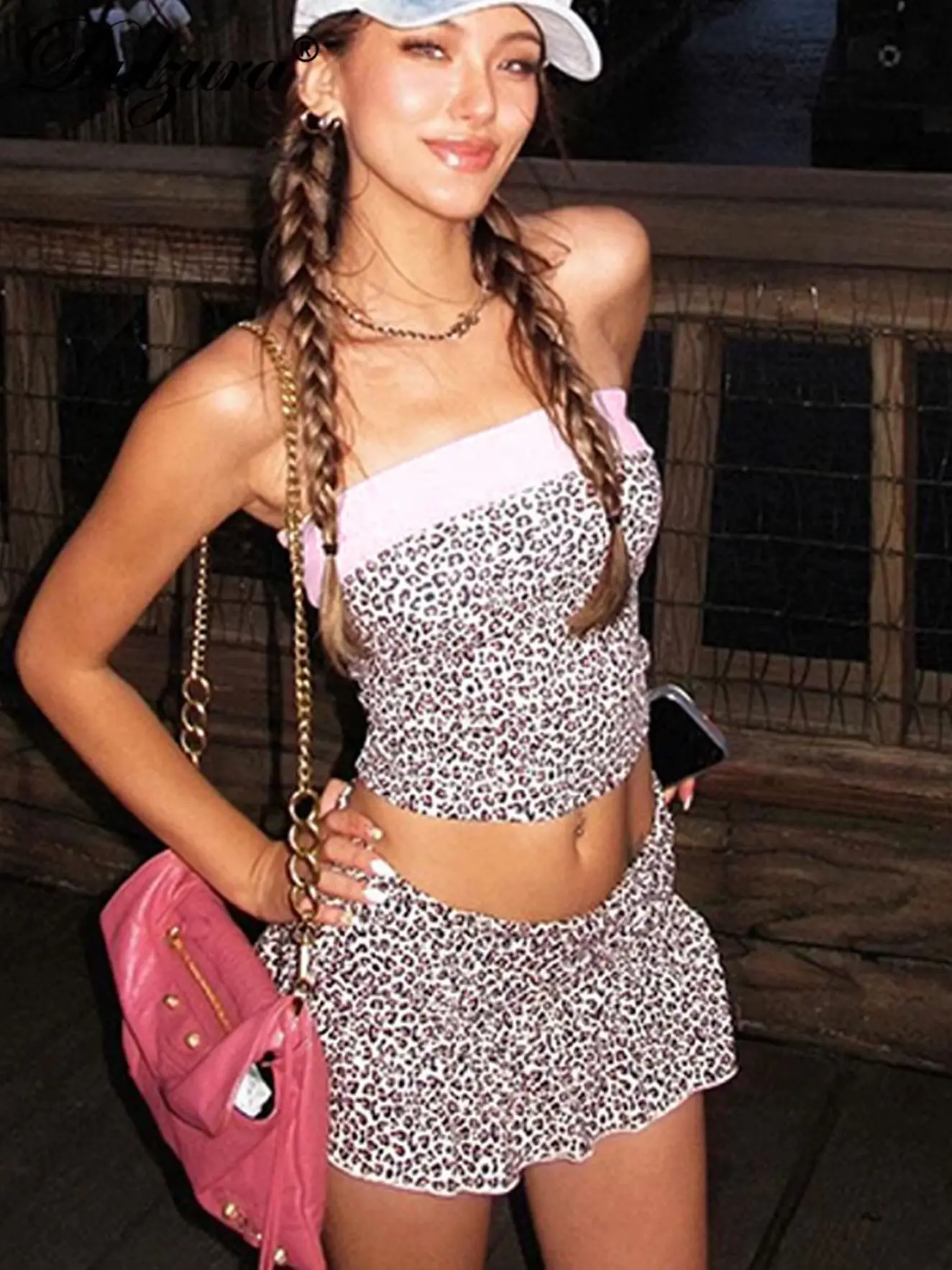 

Dulzura Leopard Sexy Casual 2 Piece Skirt Set Chest Wrapping Patchwork Tank Top Short Skirt Matching Set Party Club Streetwear