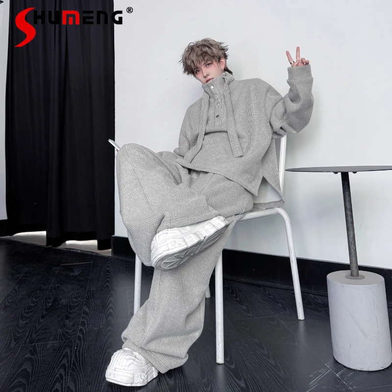 

Men's 2025 Winter New Retro Thickened Sports Two-Piece Sets Men's Stand Collar Tops Wide-Leg Pants Solid Color Two-Piece Sets