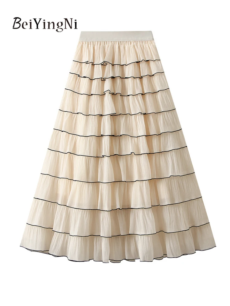Beiyingni Franse Elegante Vrouwen Lange Taart Rokken Ruches Tiered Luxe Temperament Grijs A-lijn Maxi Rok Jupes Vrouwelijke Kleding