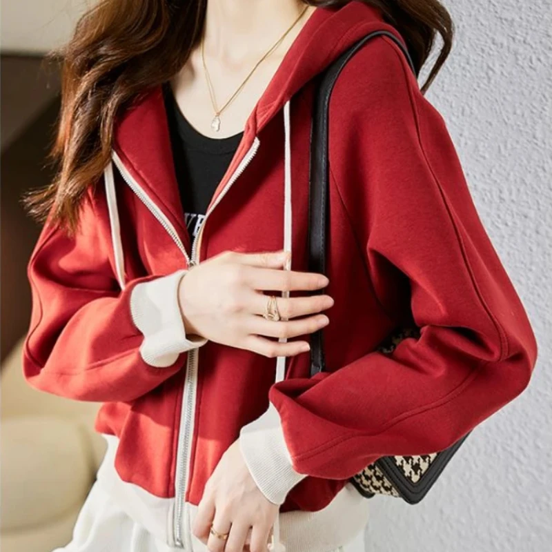 Hoodies Cotton Woman Tops Spring and Autumn Red Hooded Sweatshirt for Women Korean Clothing Basic Emo 90s Vintage Y 2k Casual