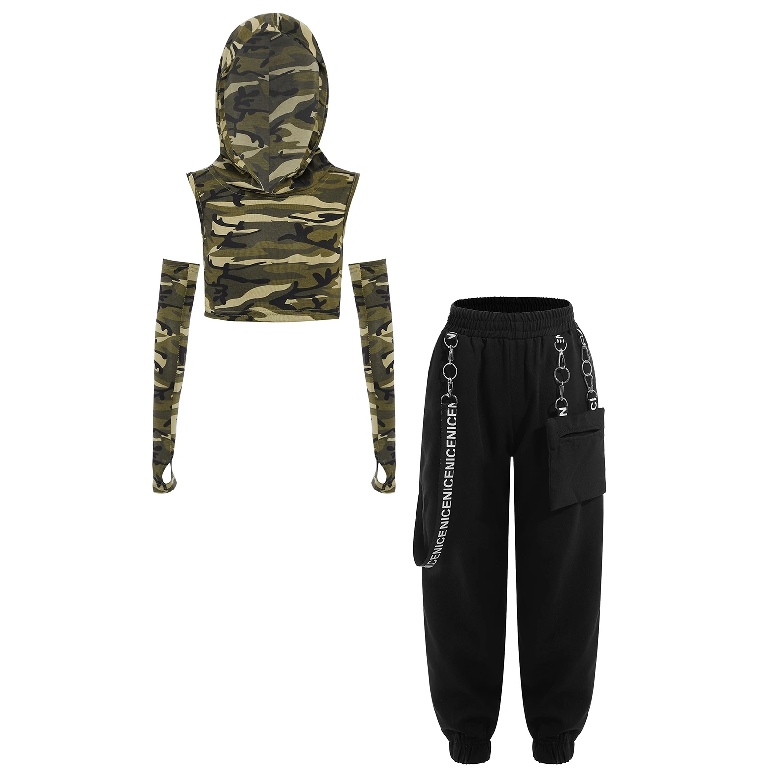Kids Girls 2 Pcs Jazz Dance Costume Outfit Sleeveless Camouflage Printed Hooded Crop Top with Gloves And Pants Performance Set