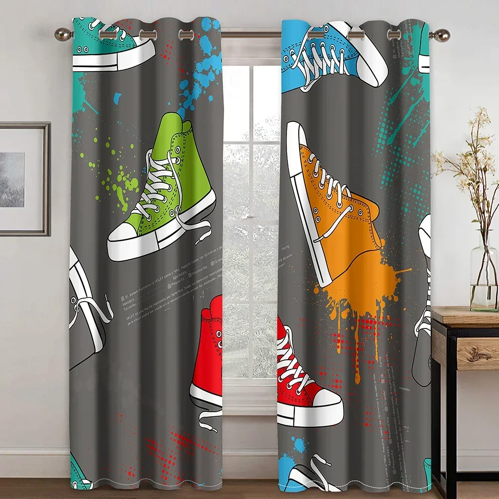 Sneaker Shoes Graffiti Bedroom Window Drapes for Teen Kids Printed Living Room Window Treatment Fabric 2 Panels