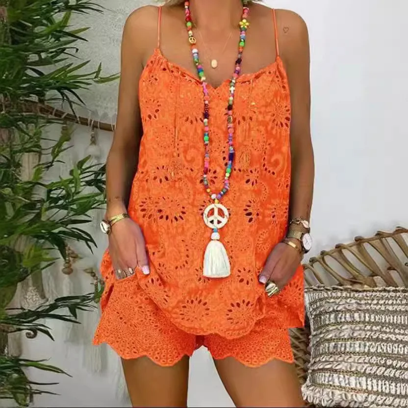 Women's Summer Hollow Embroidered Cotton and Linen Suit Sleeveless Ruffle Camisole Drawstring Shorts Western Style Cotton Suit