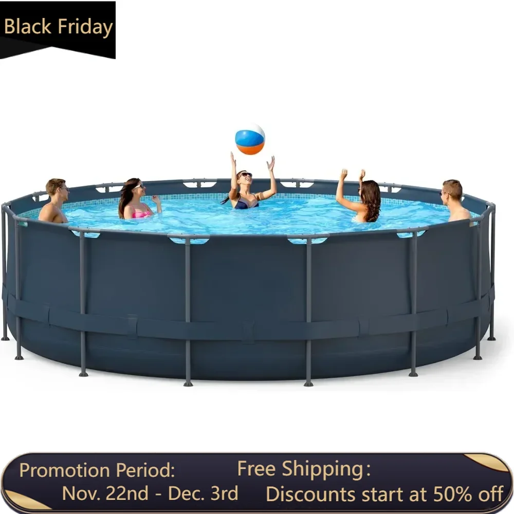 Metal frame swimming pool set, circular swimming pool, equipped with sand filter pump, pool ladder, ground cloth, and pool cover