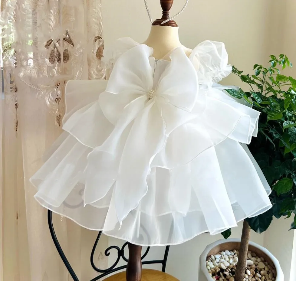 Handmade White Organza Flower Girls Dress for Wedding Tutu Short Kid Birthday Dress Christmas Party Gown Big Bow