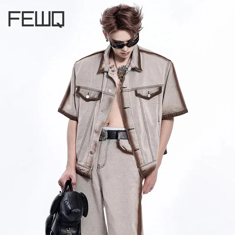 FEWQ Men's Shoulder Pad Short Sleeved Denim Jacket Contrast Color Single Breast Wide Leg Trousers Male Sets Fashion 24E1502