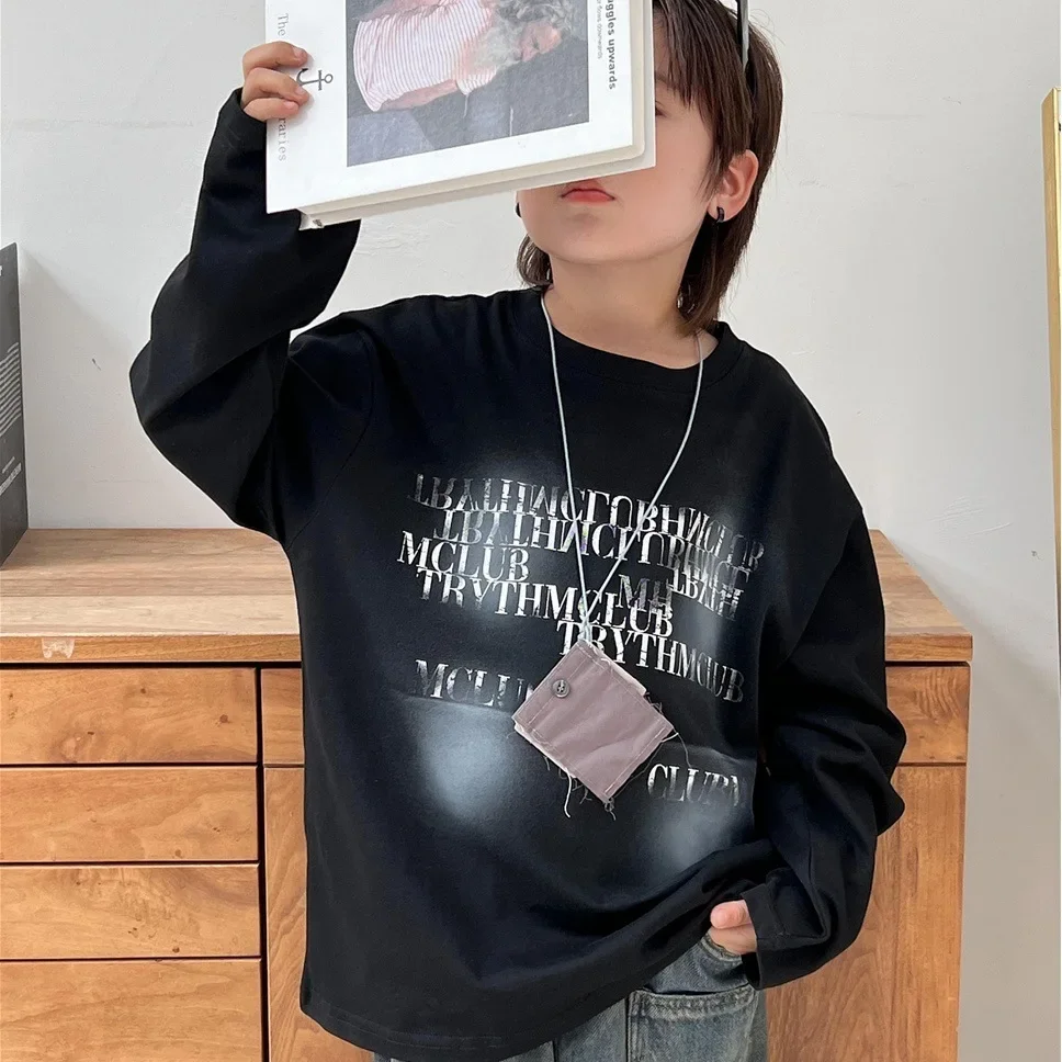 2024 autumn new children's long sleeved T-shirt hand dyed with bright words pure cotton base shirt