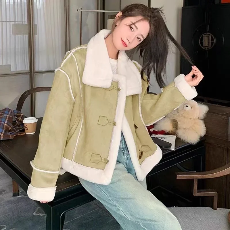 2024 autunno inverno nuove donne cappotti di lana di agnello Design di nicchia colletto rovesciato manica lunga monopetto caldo cappotto addensato