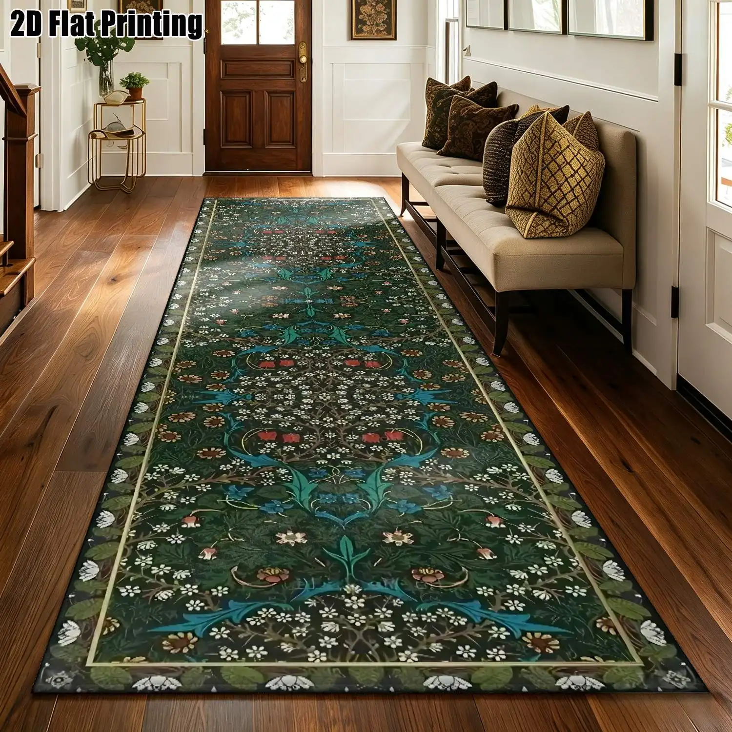 1Pc 2D Printed Strip-Shaped Runner Rug: Dark Green Floral&Fruit Nordic/Instagram/Modern Minimalist/European Style, Home Decor, Multiple Sizes, Machine Washable, for Hallway, Entrance, Living Room, Bedroom