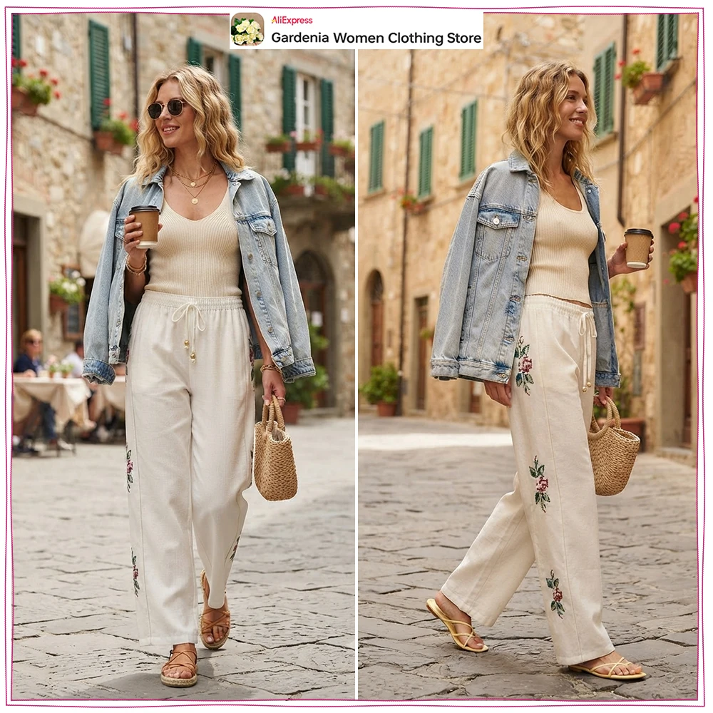 Stylish Side Stripe Straight Leg Pants for Women New High-waisted Embroidered Pants with Adjustable Elastic Drawstring Waistband