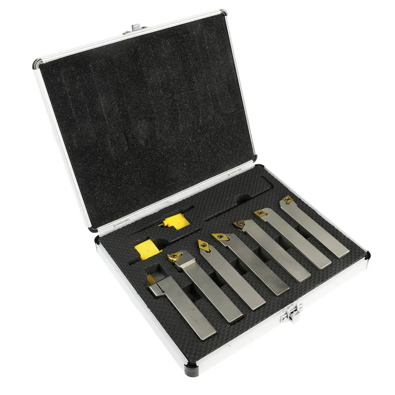 

Набор из 7 никелированных держателей для токарных инструментов с ЧПУ 8мм, 10мм, 12мм, 16мм, 20мм с твердосплавными пластинами и ключами в кейсе