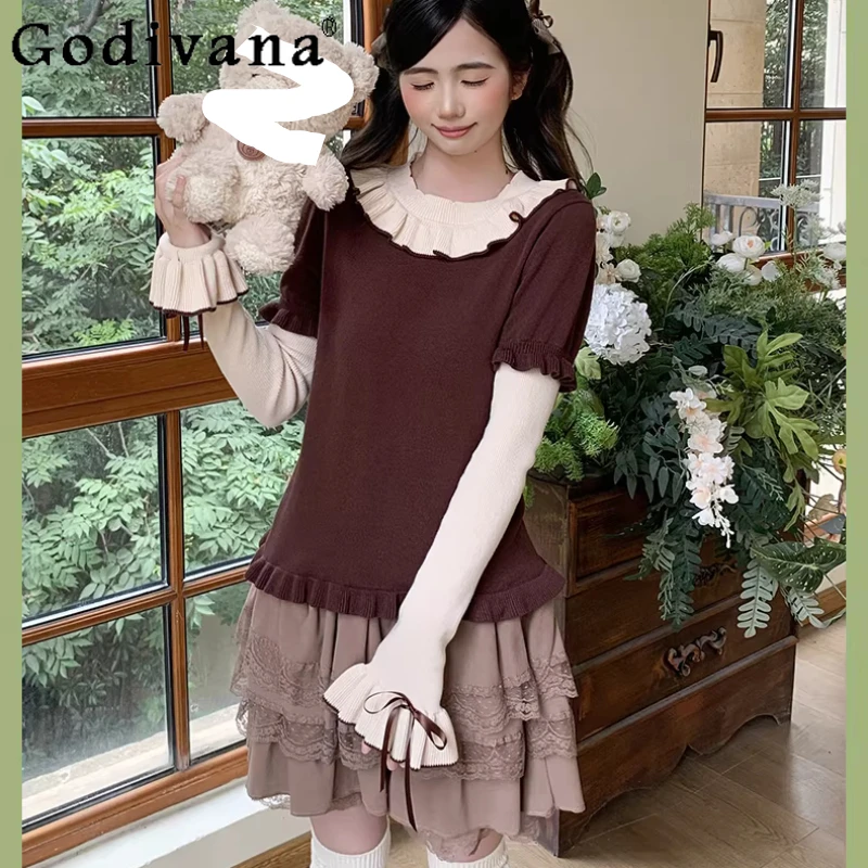 

Осень-зима, женская милая Лолита, милая белая футболка с оборками и длинными рукавами, модная универсальная возрастная облегающая вязаная футболка