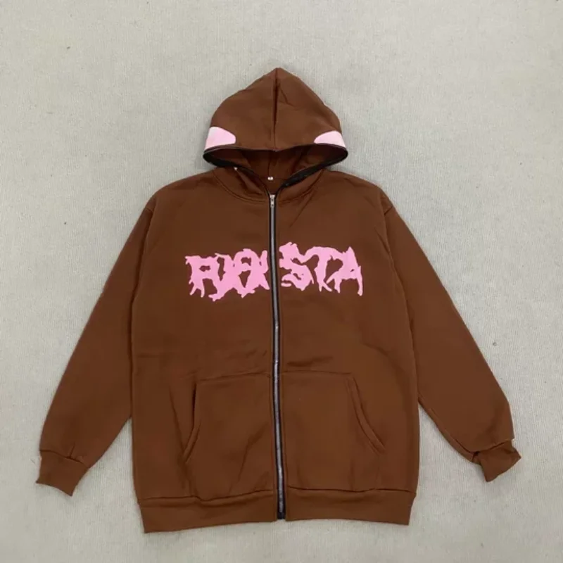 Mode Herbst Winter Straße Kontrast Brief Schaum Gedruckt Top männer frauen Voll Zipper Mit Kapuze Lose Beiläufige Sweatshirt Mantel