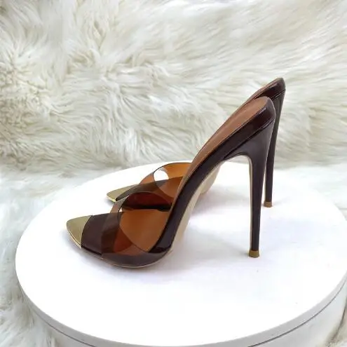 Sexy Women Brown Transparent PVC Gold Metal Pointed Open Toe 12 CM Stiletto Heel Shallow Slippers High Heels Party Shoes Size 46
