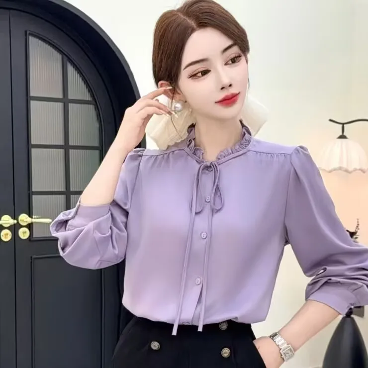 

Faionable Satin irt Long Sve Stand Collar Base Layer Top Age-Defng French Sle Свободный крой Полиэстер Дышащая кожа-...