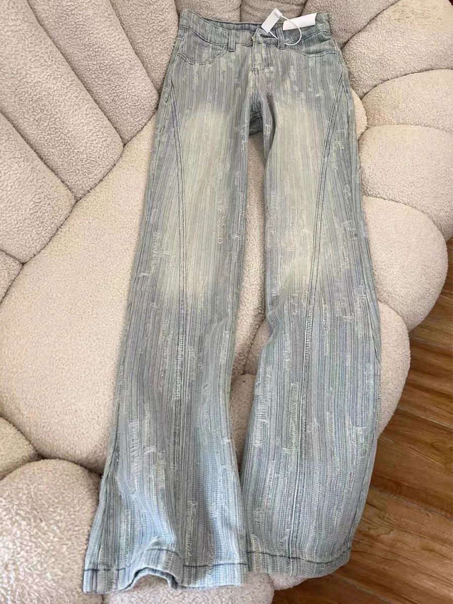 

Расклешенные джинсы женские с вышивкой на шнуровке с жемчугом и оборками из бисера художественные женские уникальные модные эстетичные шикарные удобные кружева