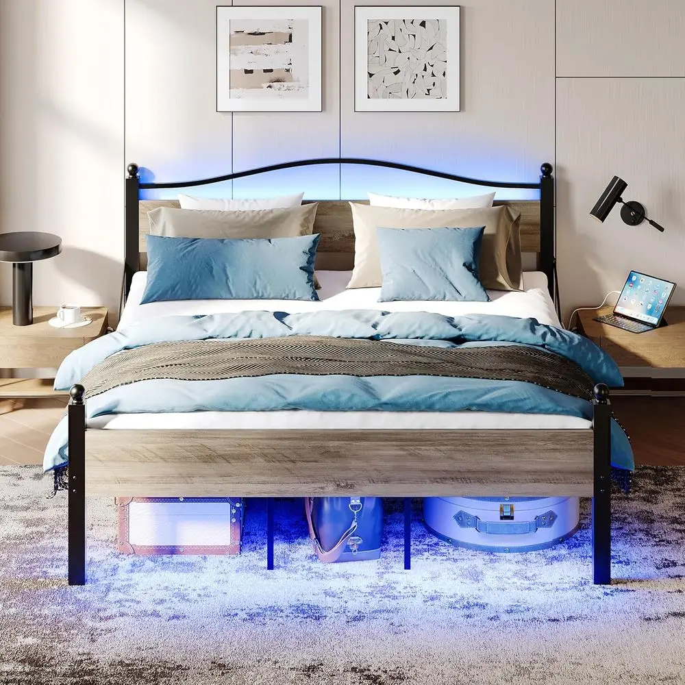 

Queen Size Bed e with board and Charging Station, 18 Inch Heavy Duty Metal Platorm Bed with 16.5'' Under Bed Storage Space,