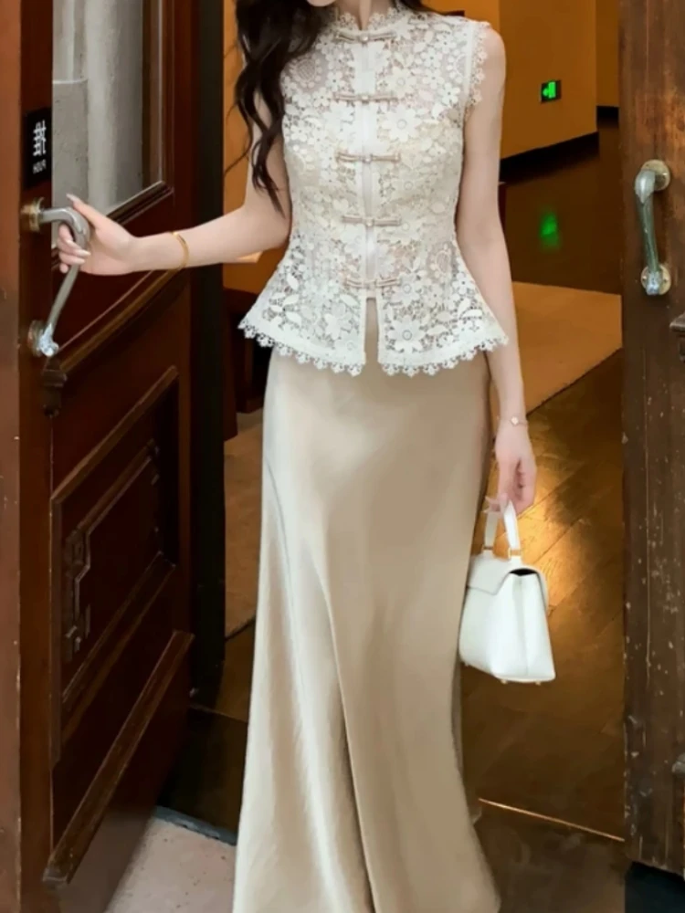 

Summer Slimming Chinese Style Lace Hollow out Sleeveless Women's Set Fish Tail Half Skirt Fashionable Elegant Women's Ensemble