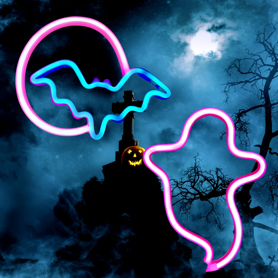 

2 шт., неоновые огни для украшения вечеринки в честь Хэллоуина, милая летучая мышь-призрак, подходят для спальни, гостиной, виллы, макета садового газона