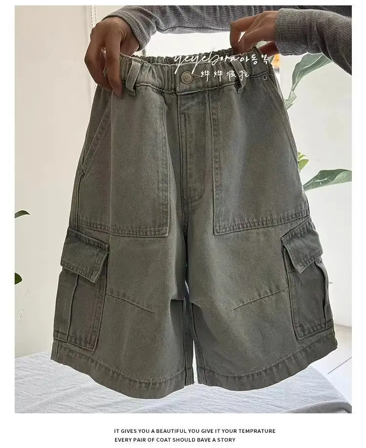 Korean Boys Cargo Denim Shorts 2026 Summer Kids Washed Distressed Street Cool Trendy Casual Cropped Pants