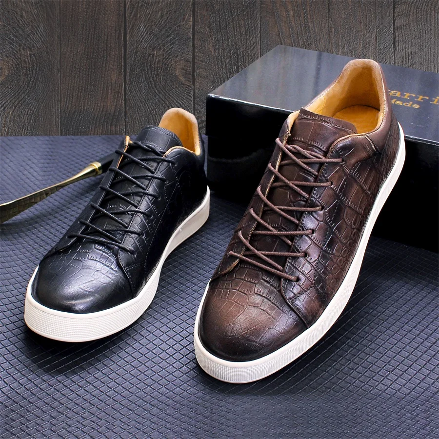 Men\'s Leather Shoes Casual Comfort Flat Shoes Lace Up Fish Pattern Handmade Shoes Dating Office Fashion Banquet Men\'s Shoes