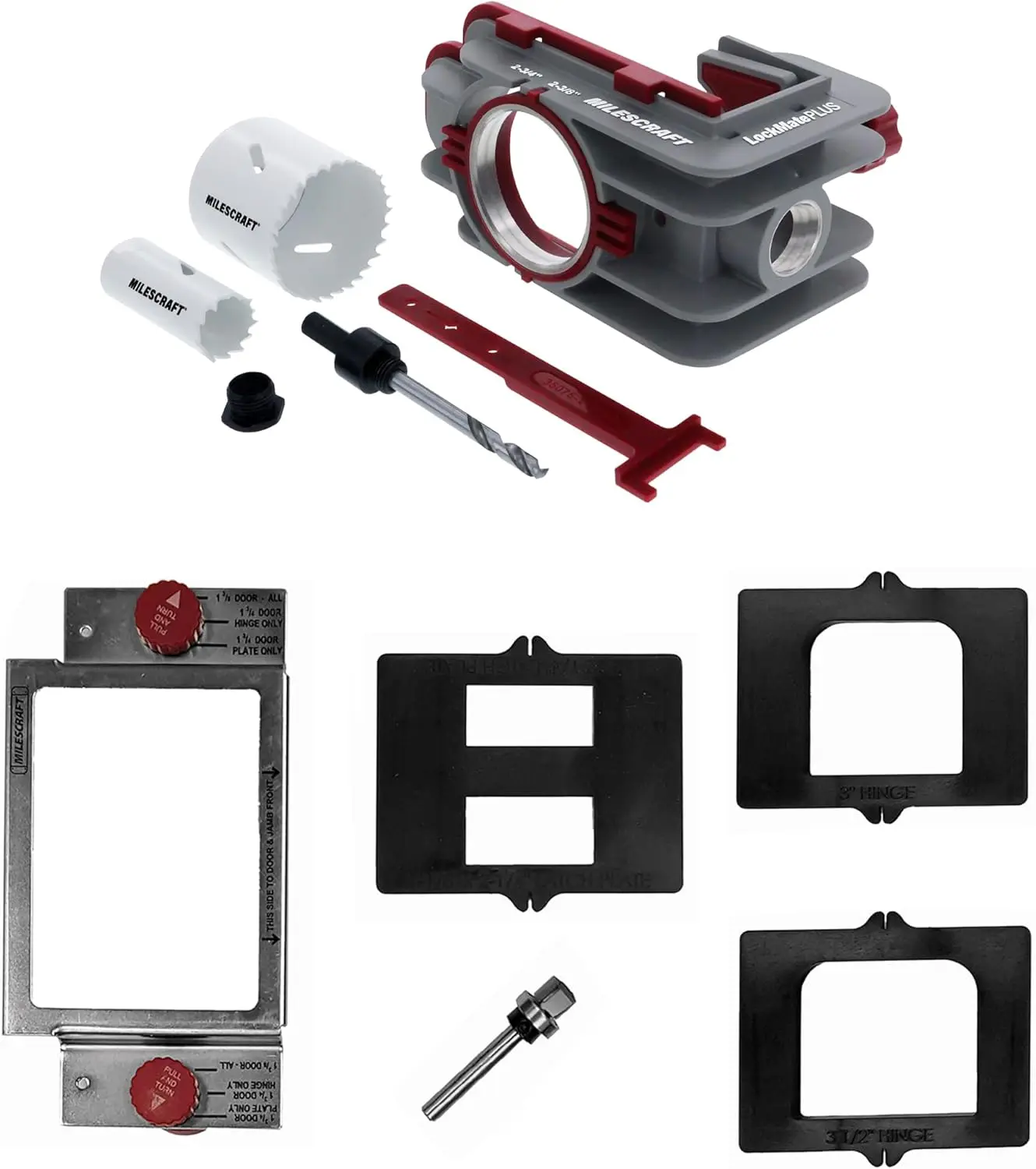 

Self-Clamping Door Lock Jig Kit with Hole Saws for Installing Locks, Knobs, Hinges on Standard Doors - Cutting Tools Included