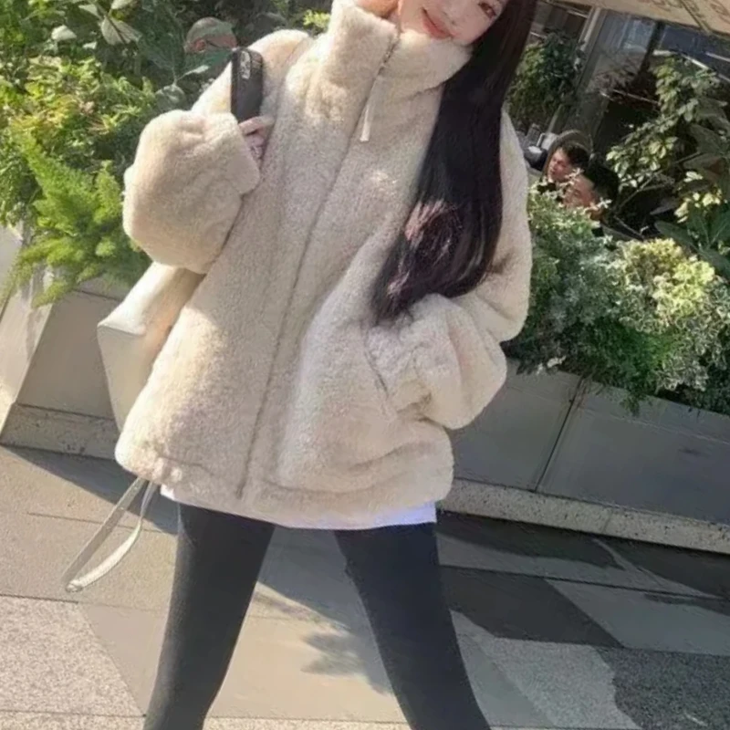 

Autumn Winter New Fashion Stand Collar Long Sleeve Lamb Wool Coats Women's Clothing Korean Plus Velvet Color Blocking Warm Tops