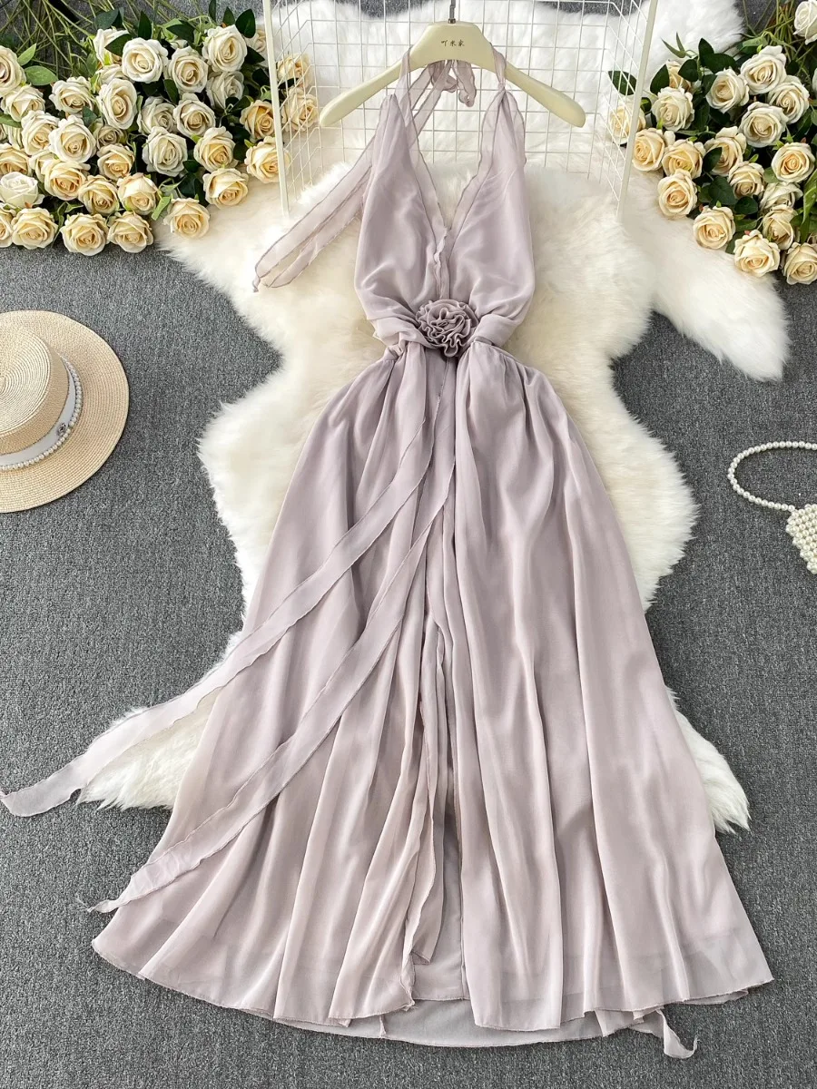 Foamlina praia férias sexy sem costas com decote em v vestido feminino verão 3d floral cinched cintura gravata flor bodycon fenda chiffon vestido