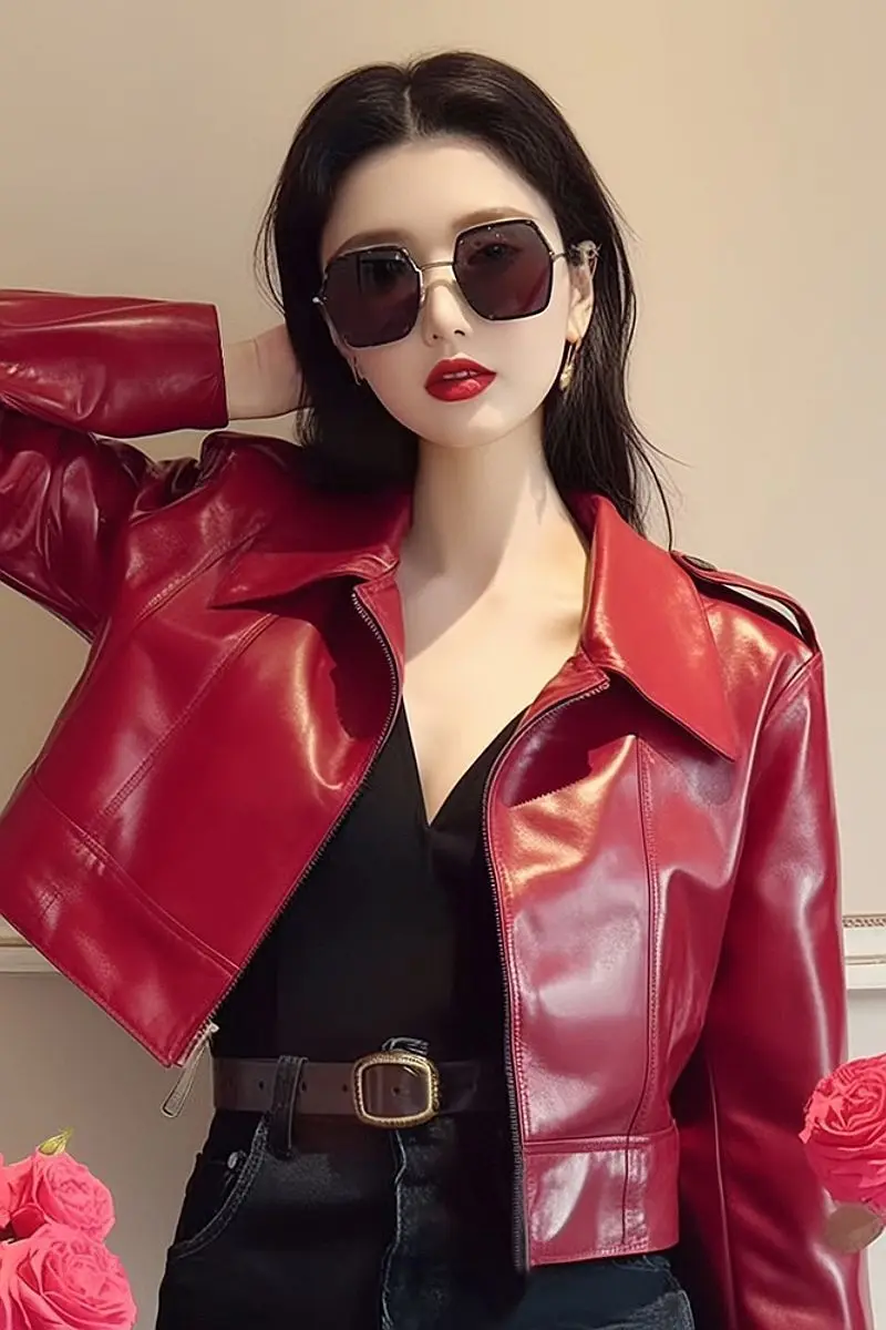 Jaqueta de couro feminina jaqueta de couro vermelho casaco feminino outono este ano moda casaco de alta qualidade sentido super agradável senhoras casaco