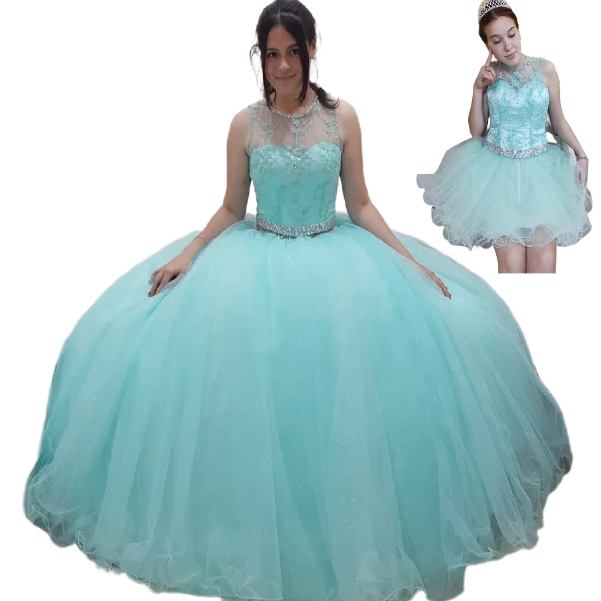 

Elegant Mint Green Quinceanera Dresses Glitter Tulle Convertible 2 In 1 Short Vestidos De 15 Años Removable Skirt 2025Customized