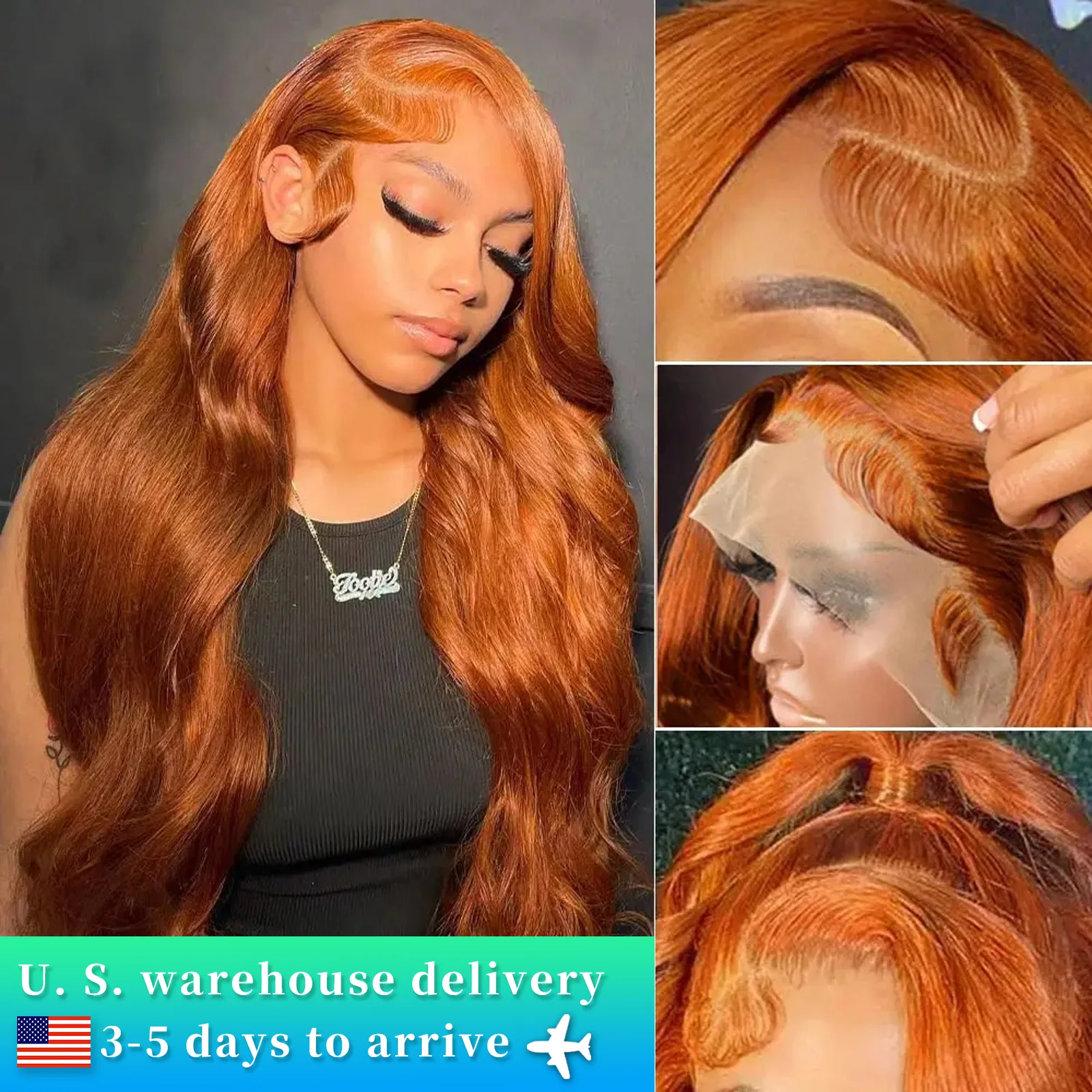 Perruque Lace Front Wig Body Wave brésilienne naturelle, cheveux humains, sans colle, 13x4, 350, orange vidéo 200%, pour femmes africaines