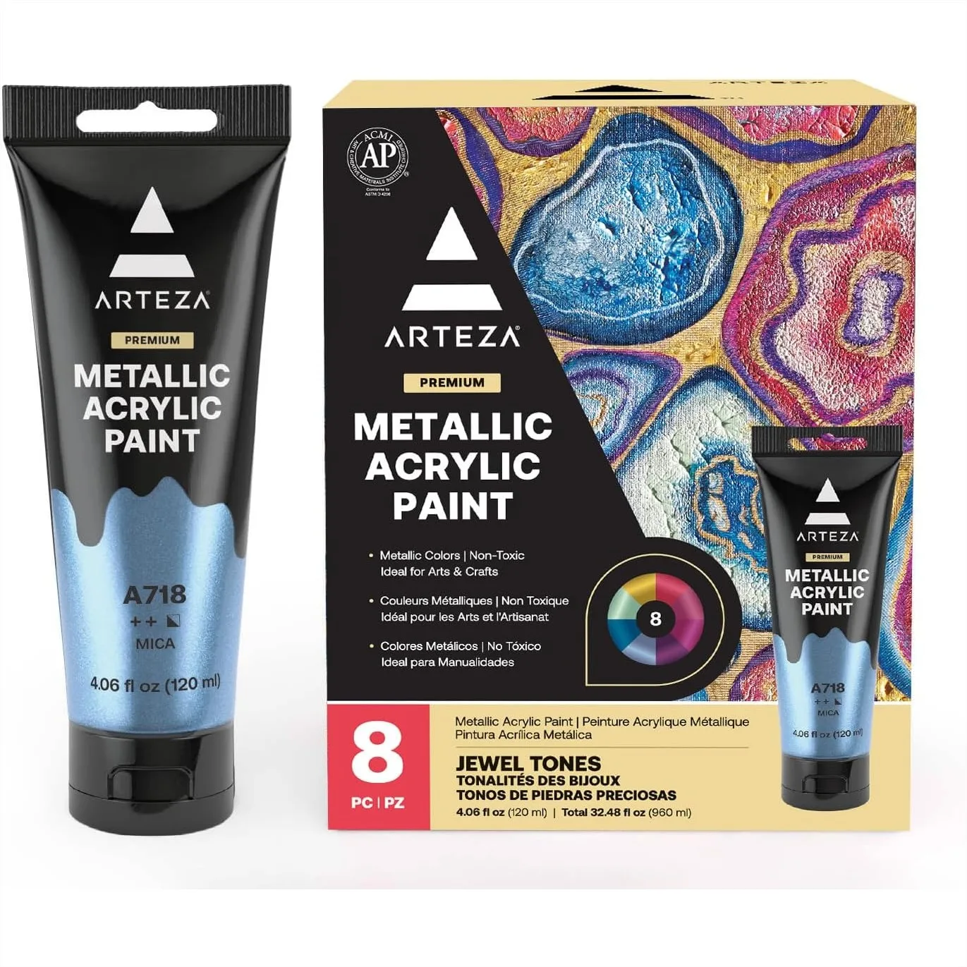 

Metallic Acrylic Paint Set of 8 Jewel Tones 4.06oz Tubes for Artists and Hobby Painters