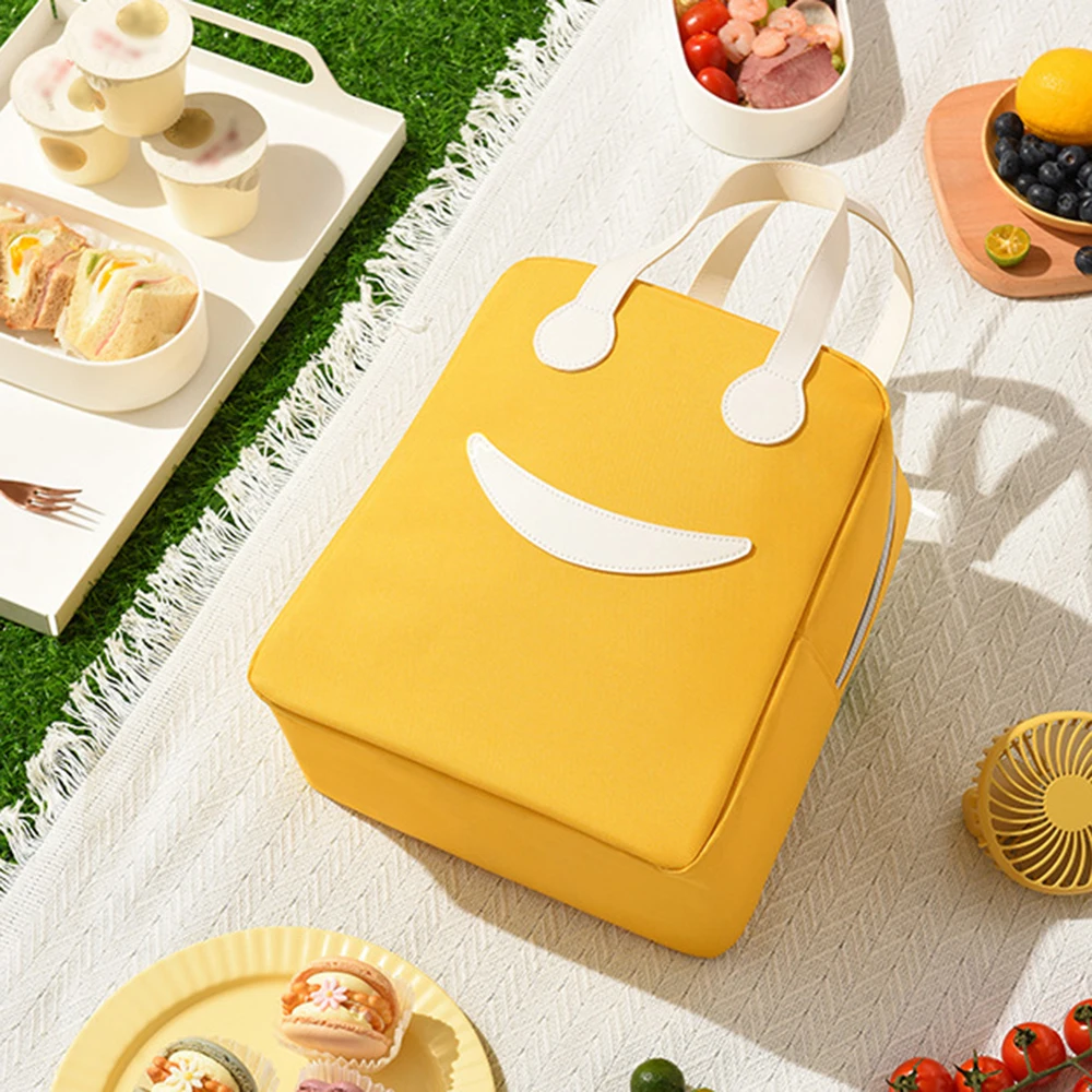 Handheld Bento Bag, Large Capacity Insulated Lunch Box Bag, Student Cute Smiling Face Lunch Bag, Oxford Cloth Bento Bag