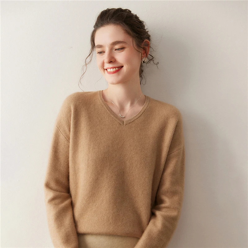 

Luxury Women Sweater Pullover 100% Cashmere Autumn Winter Sweater V-Neck Long Sleeve Pullover Warm Clothes Heavy Twill Texture