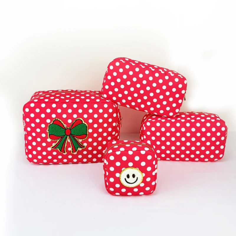 Red Polka Dot Nylon Waterproof Ladies Makeup Bag with Butterfly Knot Fanny Bag Fashion Thermal Home Storage Travel Toiletry Bag