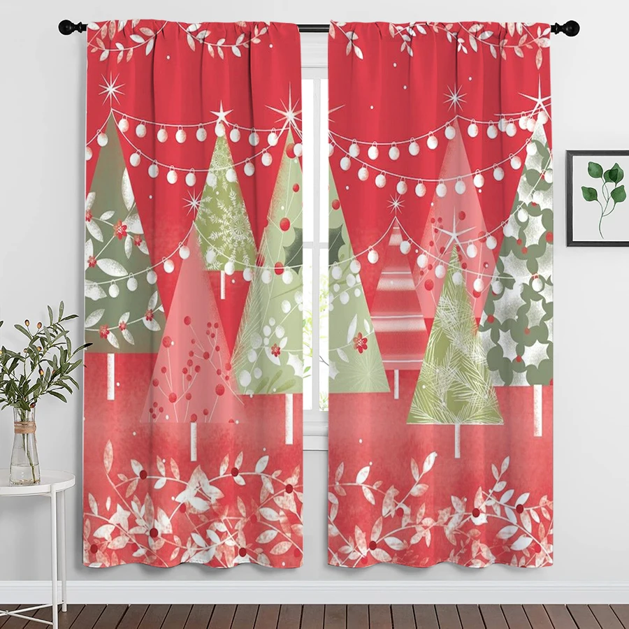 2PCS Christmas Curtains, Retro Geometric Trees String Lights Red Berries, Digital Print, for Holiday Living Room Window Decor