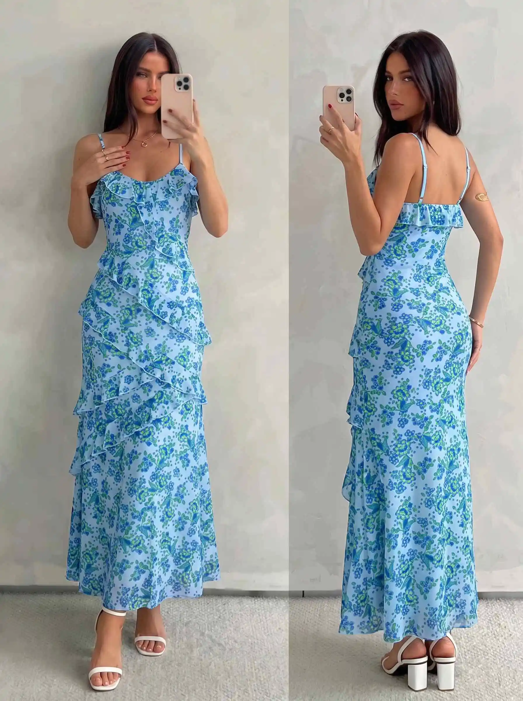 Damen Aquarell-Rosen-Print Cami-Kleid mit Rüschen, Chiffon-Midikleid, Spaghettiträger, fließendes Kleid für Urlaub, Strandparty, Ferien – Detail 15
