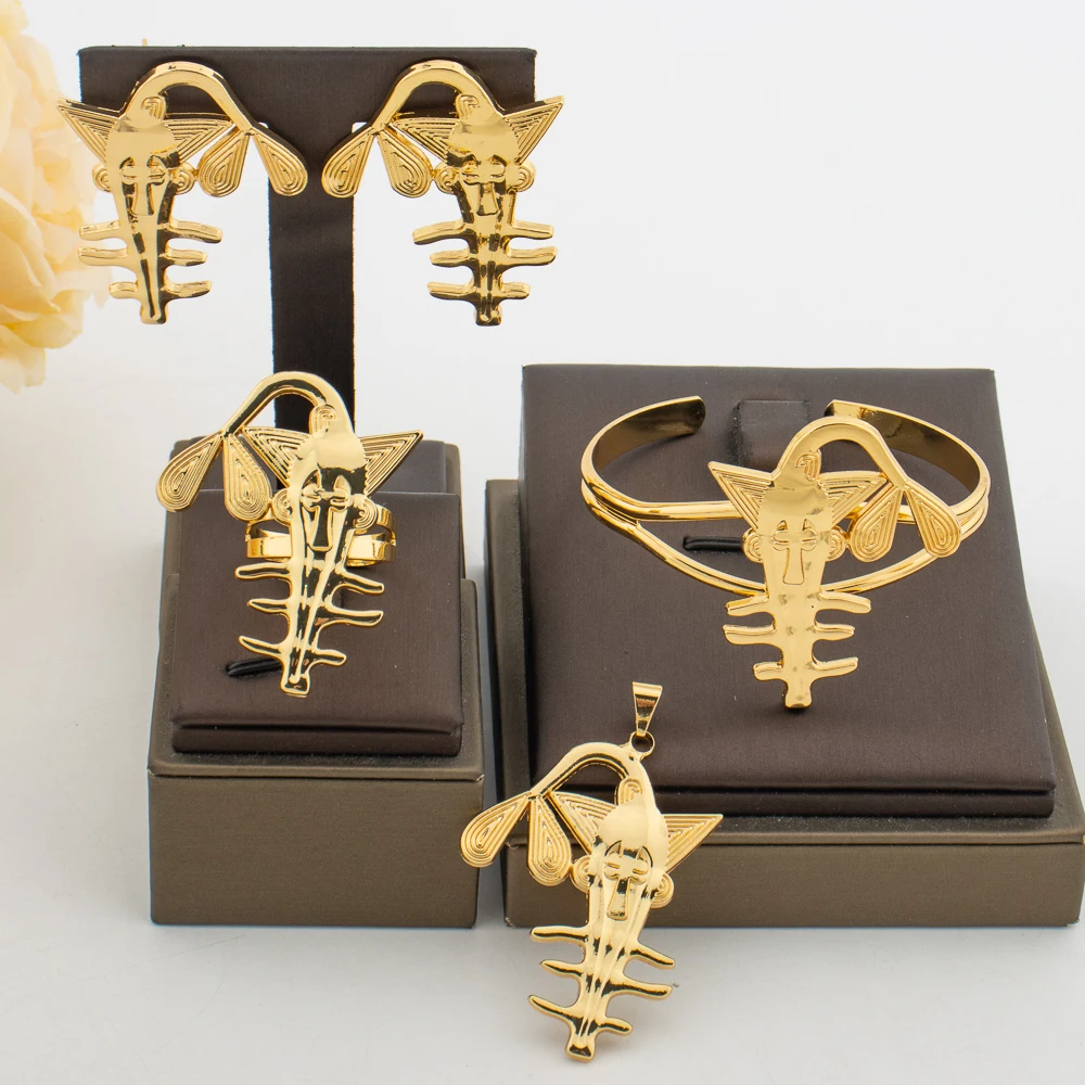 YM Vergoldeter Schmuck setzt Geometrie Anhänger Ohrringe tägliche Manschette Armreifen verstellbarer Ring Dubai Hochzeits feier Geschenke Modeschmuck 3