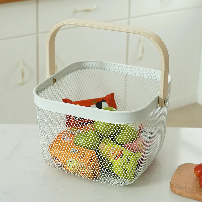 

Nordic Iron Handheld Gift Storage Basket Kitchen Hollow Drain Baskets Comfort Wooden Handle Handheld Storage Frame Fruit Box