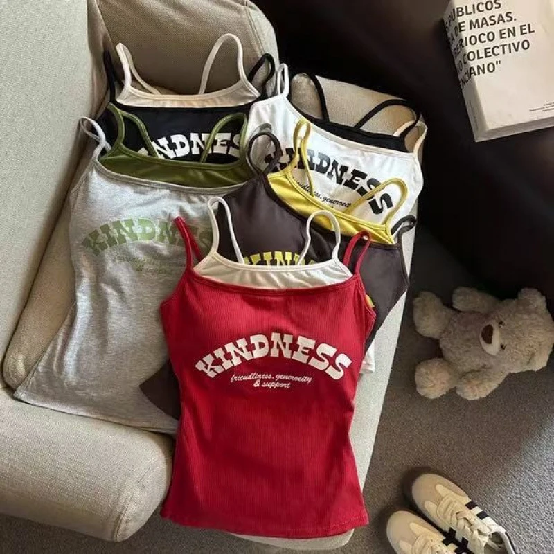 2026 Spring/Summer New Style Pure Desire Wind Contrasting Color Fake Two Piece Strap Small Top With Chest Cushion For Inner