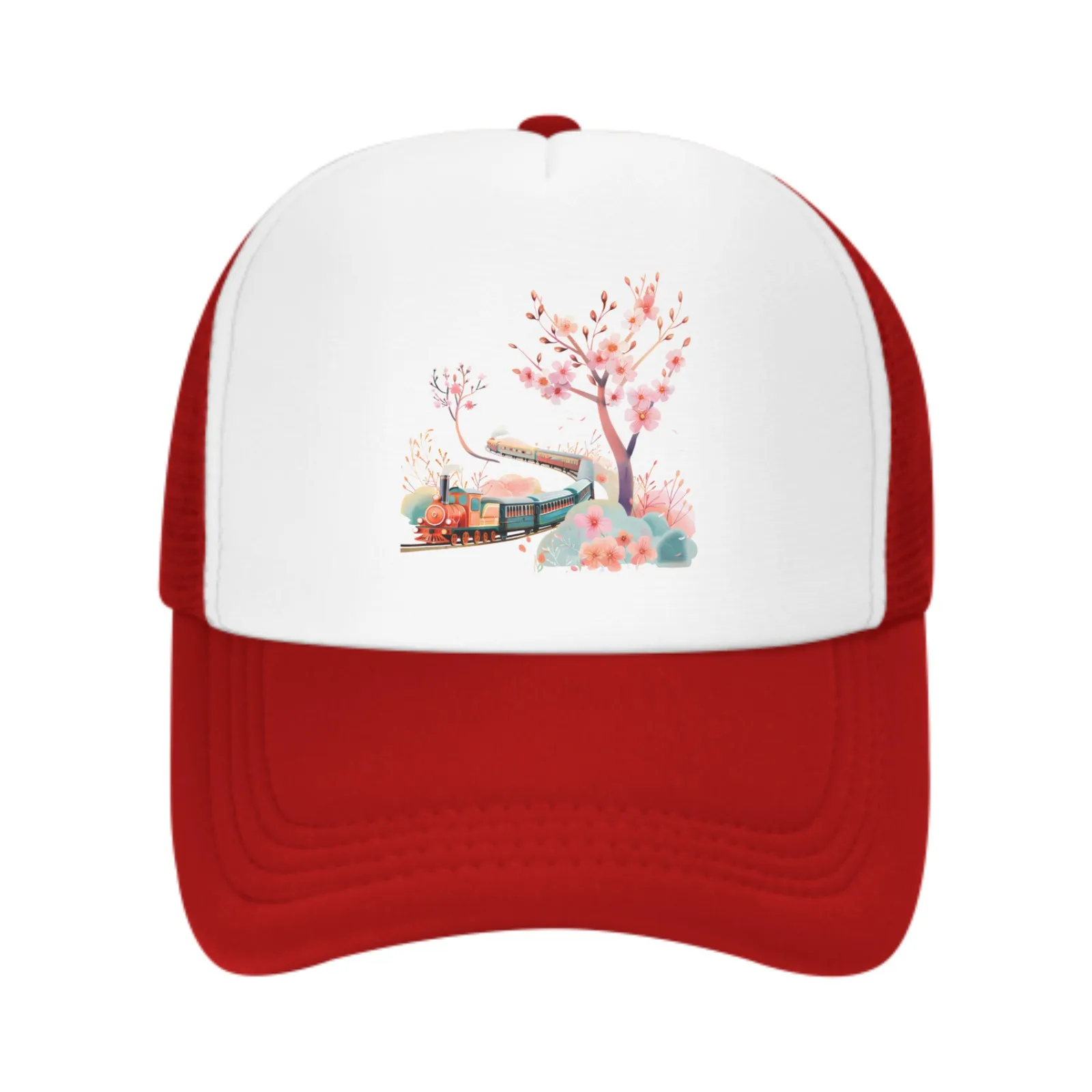 Spring Field Train Travels Through Cherry Blossom Trees Sun Hat Fishing Outdoor Men's and Women's Truck Caps Fashion