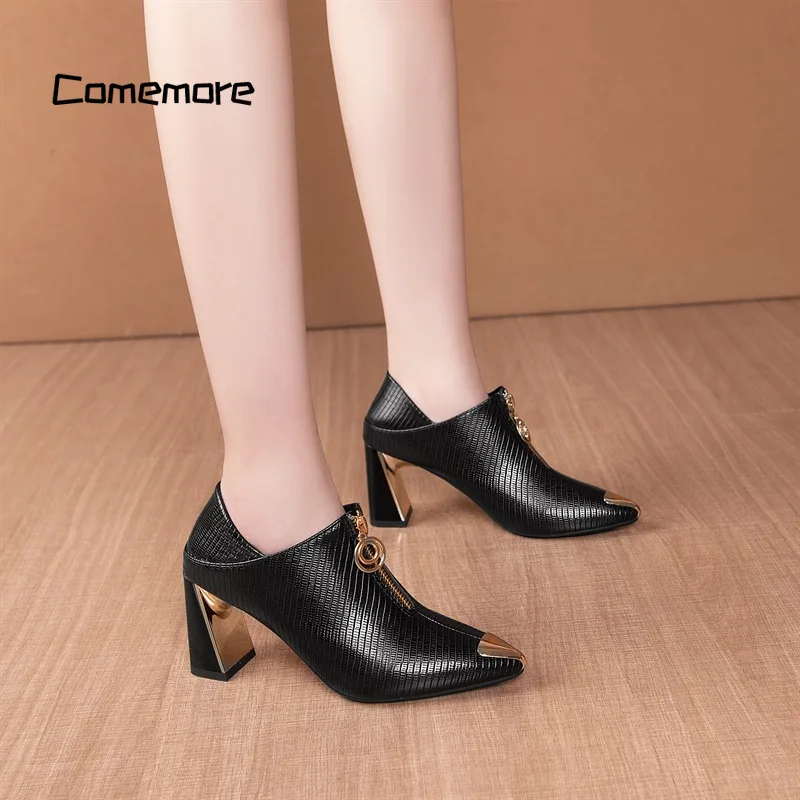 Comemore 2023 Autumn New Fashion Women Shoes Black Zip Leather Ladies Shoe Metal Pointed Toe Pumps Fashion Sexy High Heels Boots